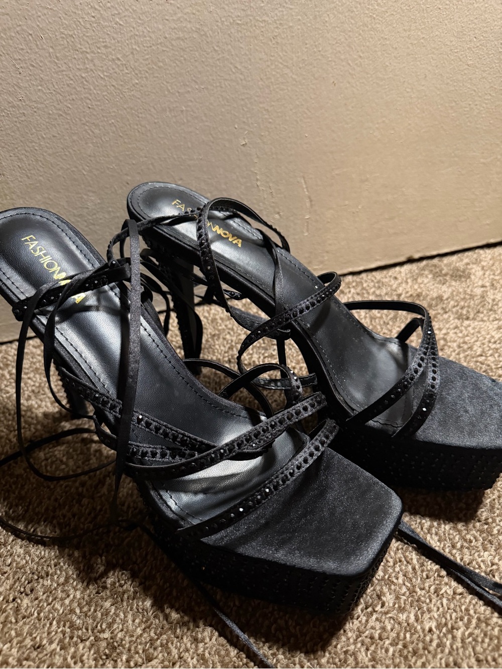Fashion Nova Black Strappy Platform Sandals with Lace-Up Detail